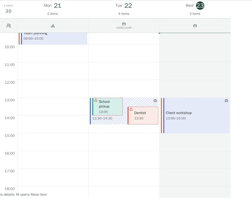 Rulendar three-day calendar showing a work meeting, school pickup, a dentist appointment, and a client workshop side by side