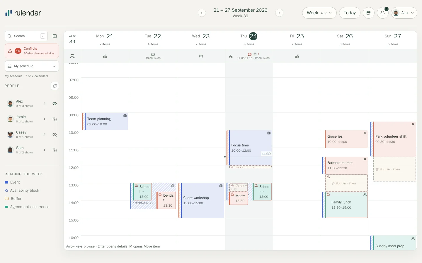 Rulendar weekly calendar showing family plans, work events, school pickup, and striped Busy blocks