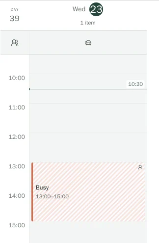 Personal calendar on the same Wednesday: a striped Busy block from 13:00 to 15:00, without the workshop details
