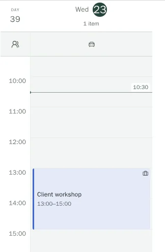Work calendar on Wednesday: Client workshop from 13:00 to 15:00